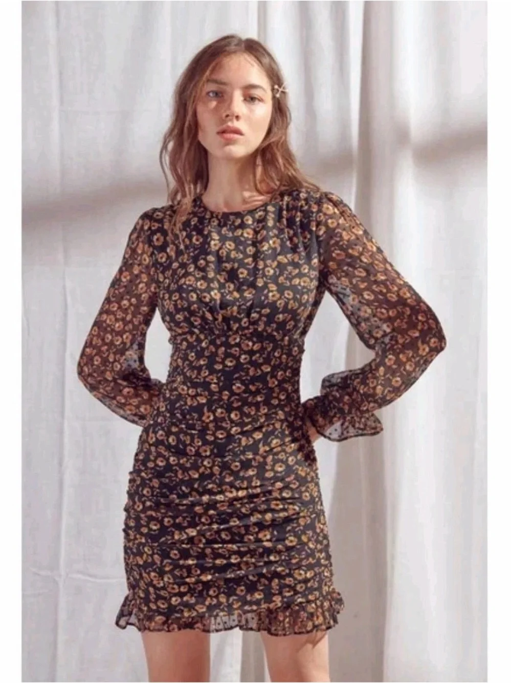 Storia Black Floral Ruched Mini Dress Long Sleeve Sheer Cottagecore Size S - Picture 1 of 5